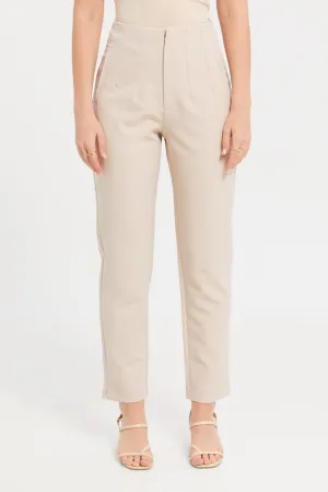 Women Beige Straight Leg Single Button Trouser