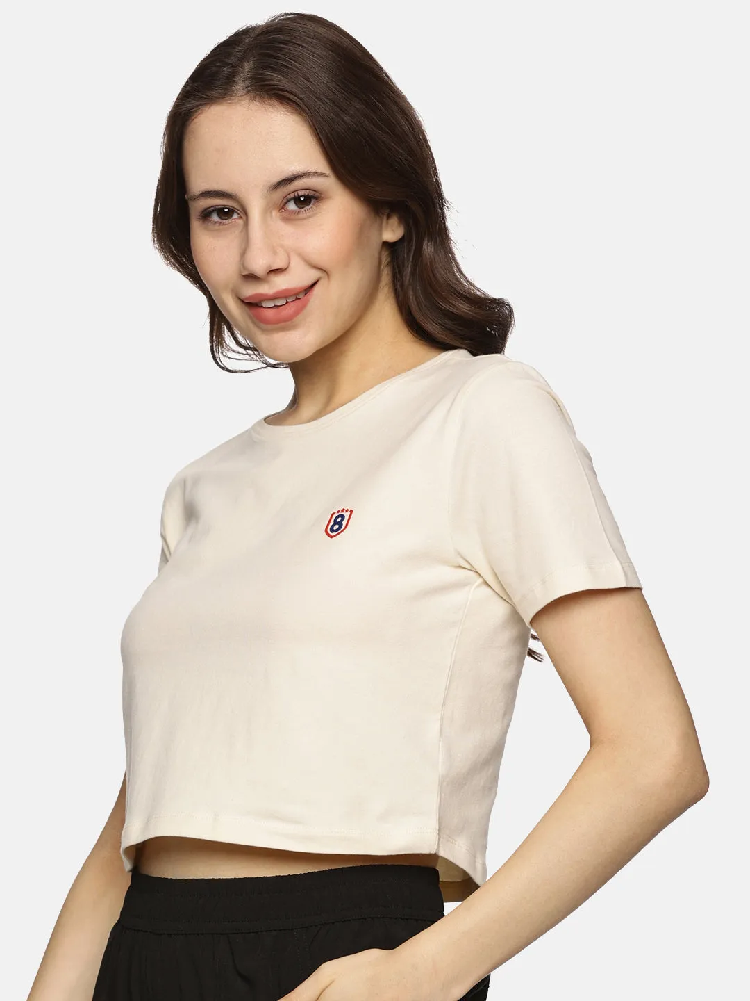 Women Cotton Spandex Short Sleeve Crop Top (Beige)