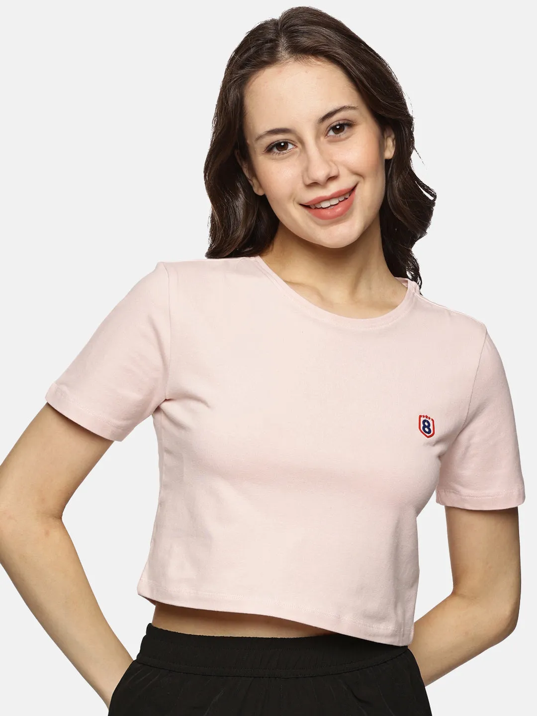 Women Cotton Spandex Short Sleeve Crop Top (Beige)