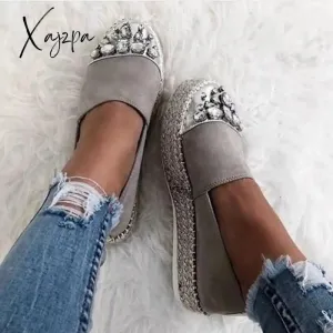 Xajzpa - Gray Platform Rhinestone Holiday Flats & Sneakers