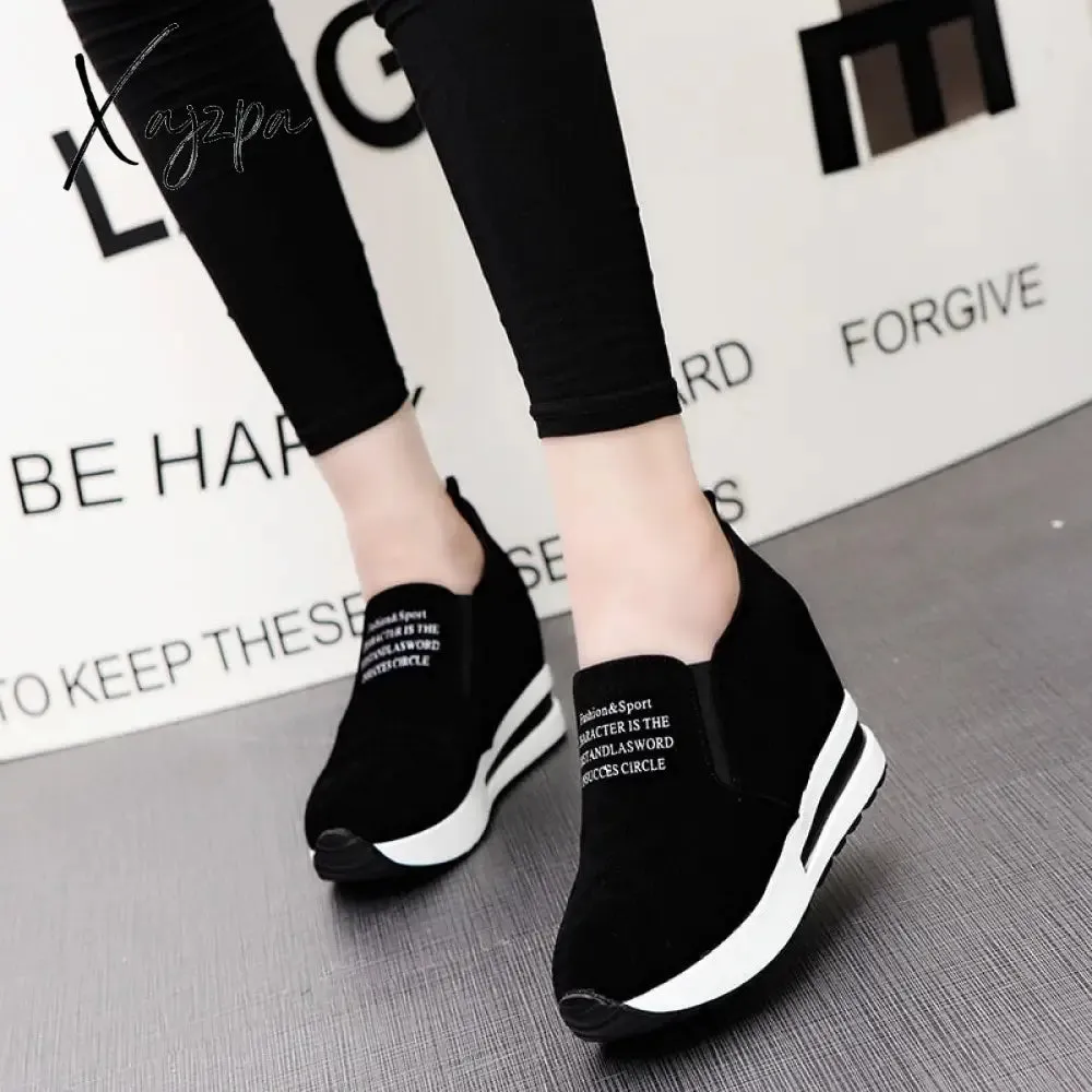 Xajzpa - New Flock Increasing Shoes High Heels Lady Casual black Women Sneakers Leisure Platform Shoes Slip-On Breathable Height Sneakers