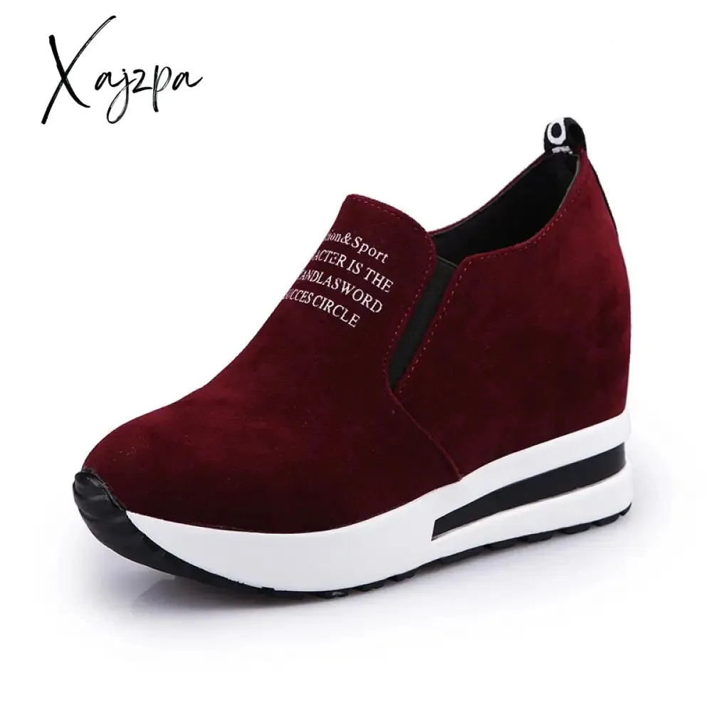 Xajzpa - New Flock Increasing Shoes High Heels Lady Casual black Women Sneakers Leisure Platform Shoes Slip-On Breathable Height Sneakers