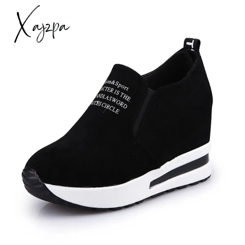 Xajzpa - New Flock Increasing Shoes High Heels Lady Casual black Women Sneakers Leisure Platform Shoes Slip-On Breathable Height Sneakers