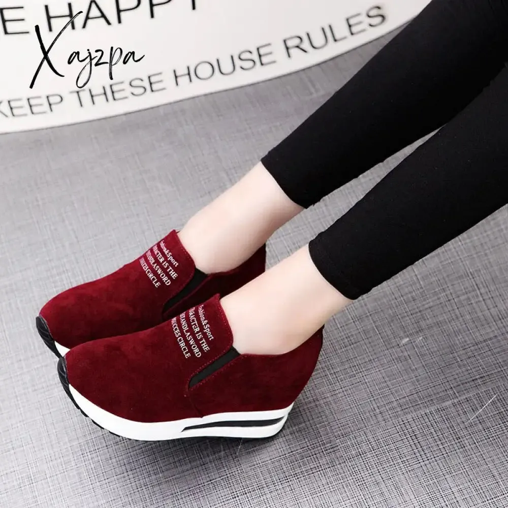 Xajzpa - New Flock Increasing Shoes High Heels Lady Casual black Women Sneakers Leisure Platform Shoes Slip-On Breathable Height Sneakers